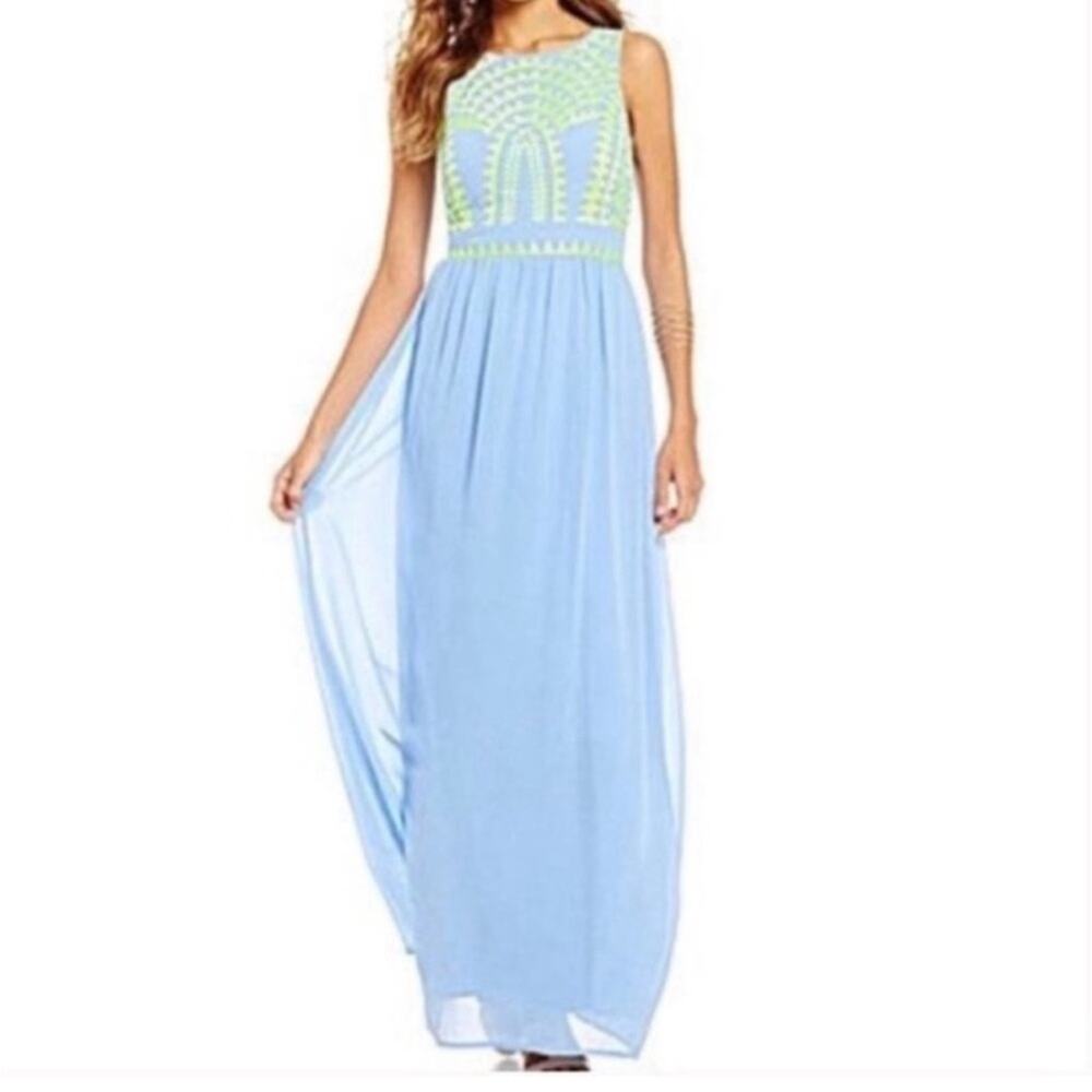 Gianni Bini Shawna Tribal Maxi Dress Size 2 XS blue sleeveless maxi embroidered